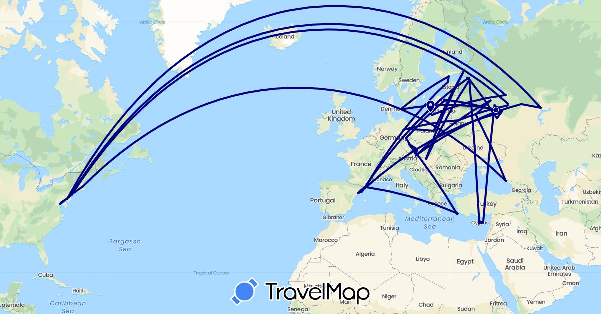 TravelMap itinerary: driving in Austria, Belarus, Cyprus, Czech Republic, Germany, Denmark, Estonia, Spain, Finland, Greece, Hungary, Latvia, Poland, Russia, Sweden, United States (Asia, Europe, North America)
